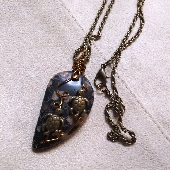 Handmade Turtle Pendant | Unique Plum Jasper Stone | Coastal Grandma |Sea Turtle - Picture 9 of 13